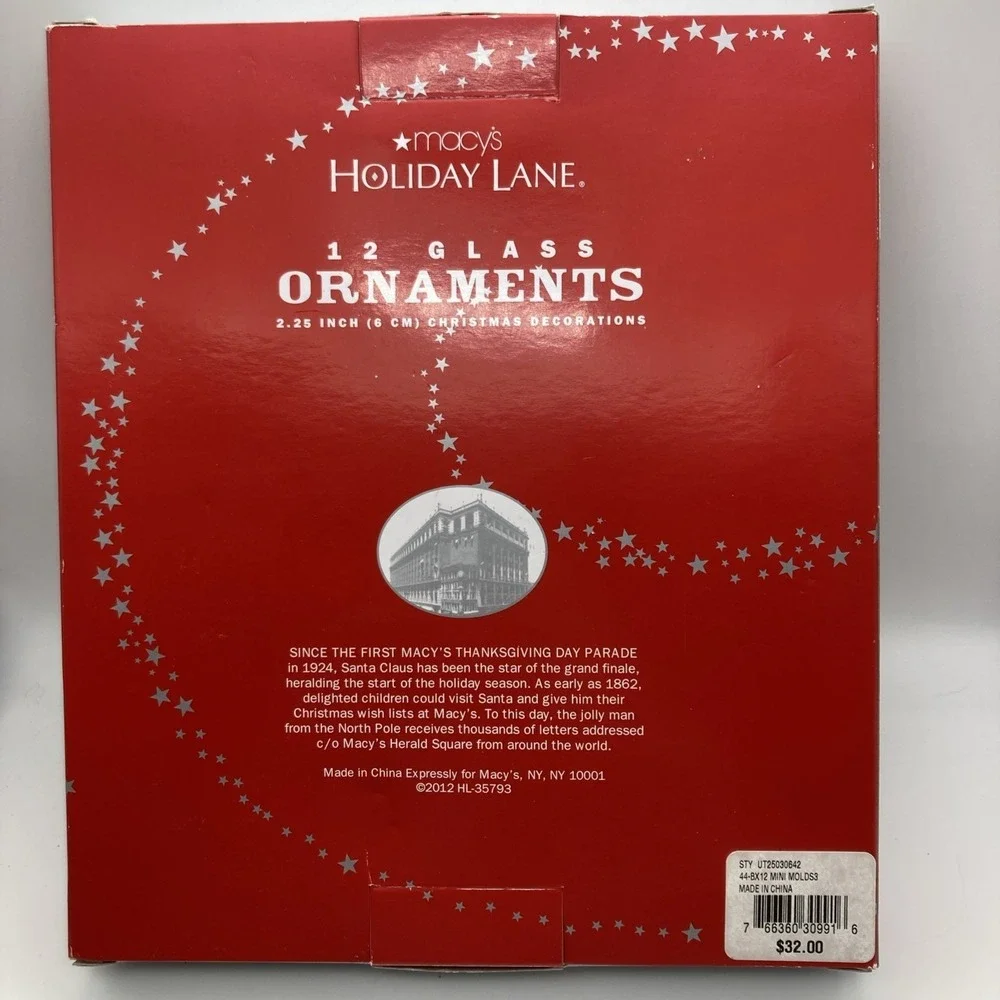 Set of 12 Macy's Holiday Lane Studio Blown Glass Mini Christmas Ornaments 2012